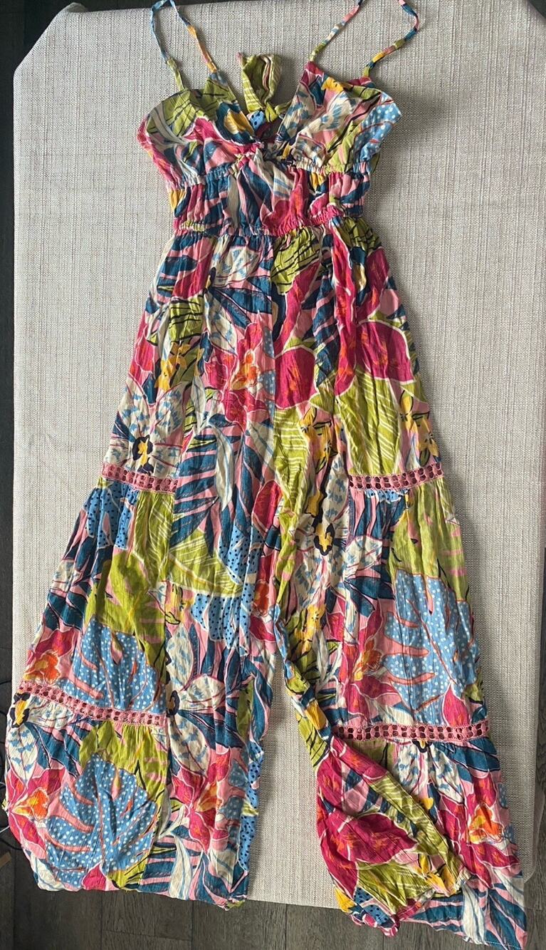 ANGIE Tropical Floral Open Back Jumpsuit Wide Leg Tiered Womens S